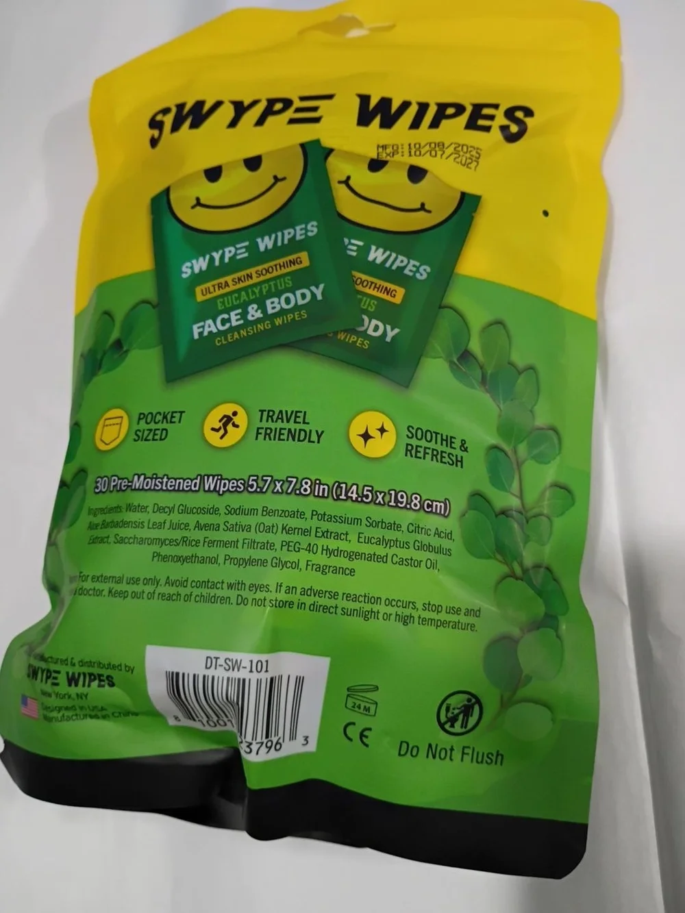 Swype Wipes Eucalyptus Skin Soothing Face & Body Cleansing Wipes - 30 Packs NWT